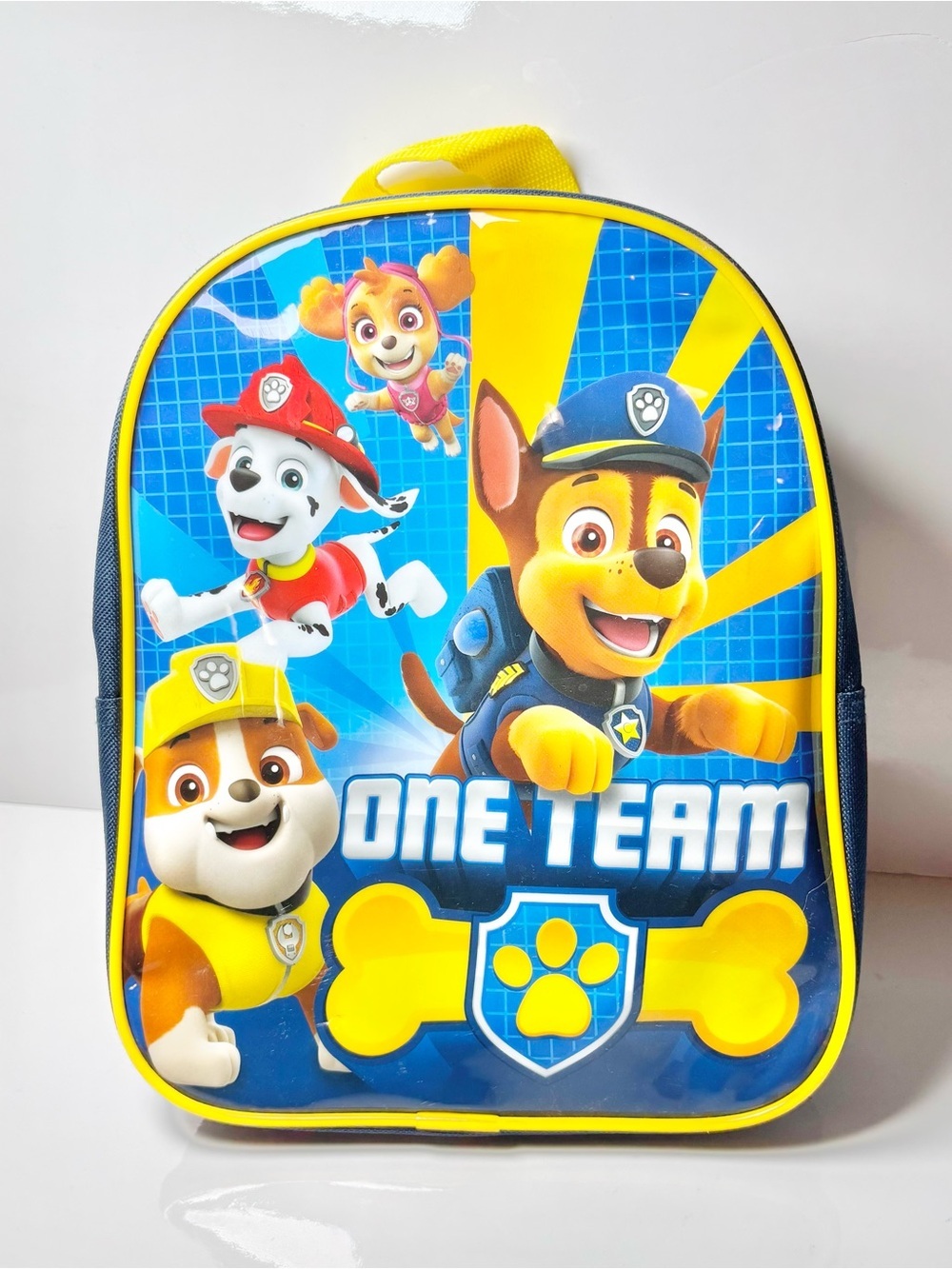 Official Paw Patrol One Team Preschool Mini Character Backpack Yellow Blue
